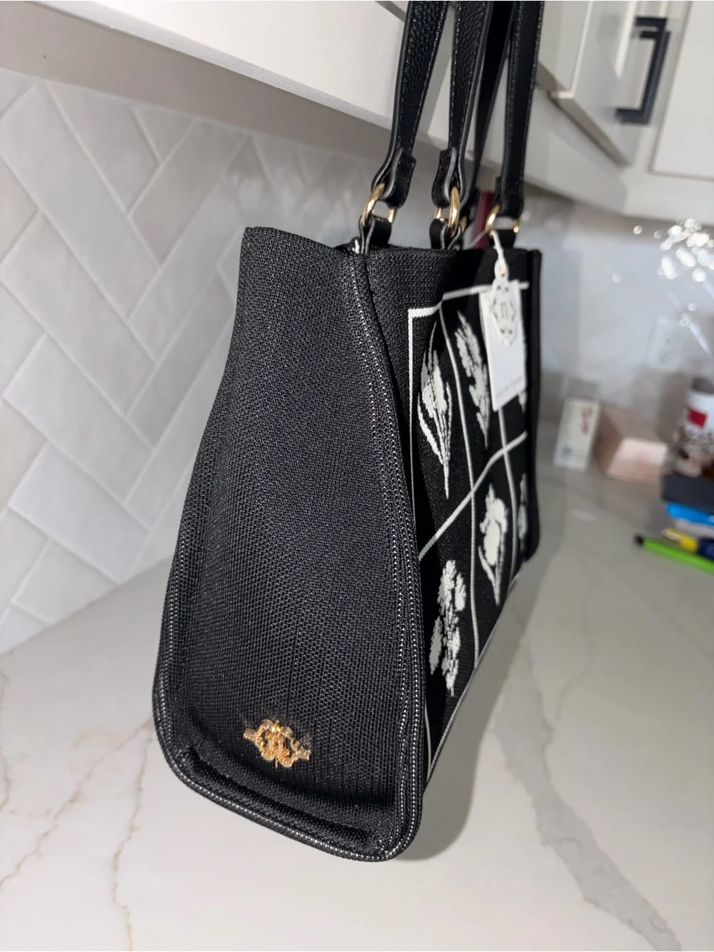 Nanette Lepore Lucia Black botanical embroidery look Tote with Gold Accents NWT